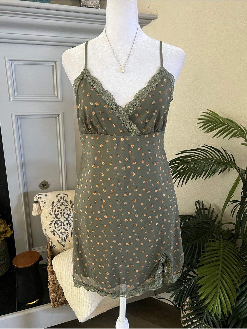 Olive Green Floral Lace Chemise Dress with Adjustable Straps